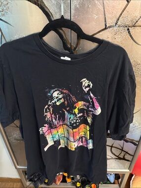 Black Womens Graphic Tee with Multicolor Singer Print